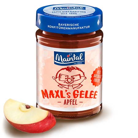 Apfel-Gelee extra - Früchte aus Bayern Glas Maintal Apfel-Gelee extra, daneben ein Apfelschnitz.