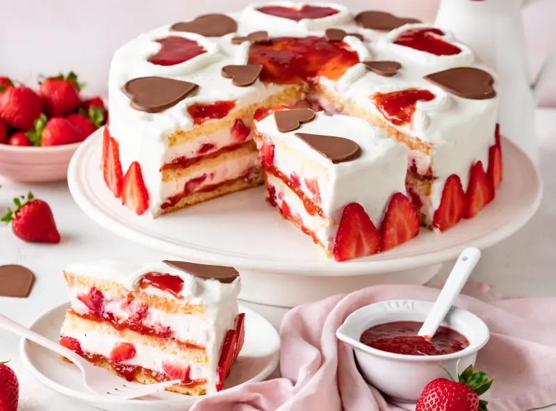 Fruchtige Muttertagstorte Angeschnittene mehrschichtige Cremetorte mit hellen Böden, frischen Erdbeeren in der Torte und am Rand und Erdbeer-Auftrich auf weißer Tortenplatte. Die Torte ist mit Herzen aus Schokolade dekoriert.