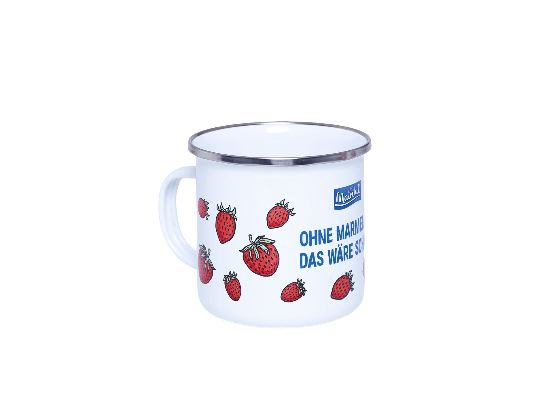 Emailltasse mit gezeichneten Erbeeren, Maintallogo und Spruch Ohne Marmelade das wäre schade