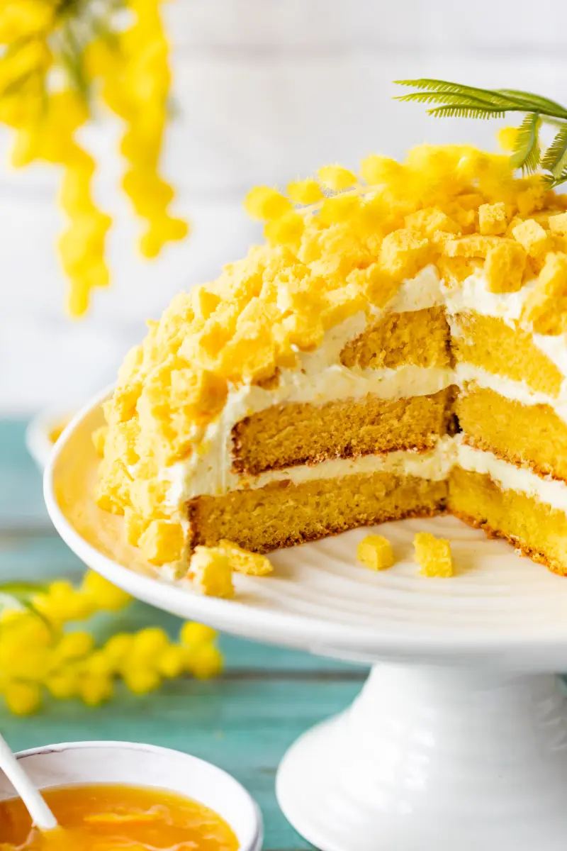 Nahaufnahme des Anschnitts Torta Mimosa mit Zitronencreme und Orangen-Marmelade.