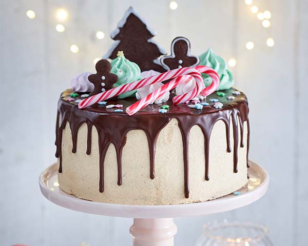 Weihnachtlicher Hagebutten-Schoko-Dripcake Winterlicher Hagebutten-Schoko-Dripcake auf Tortenplatte.