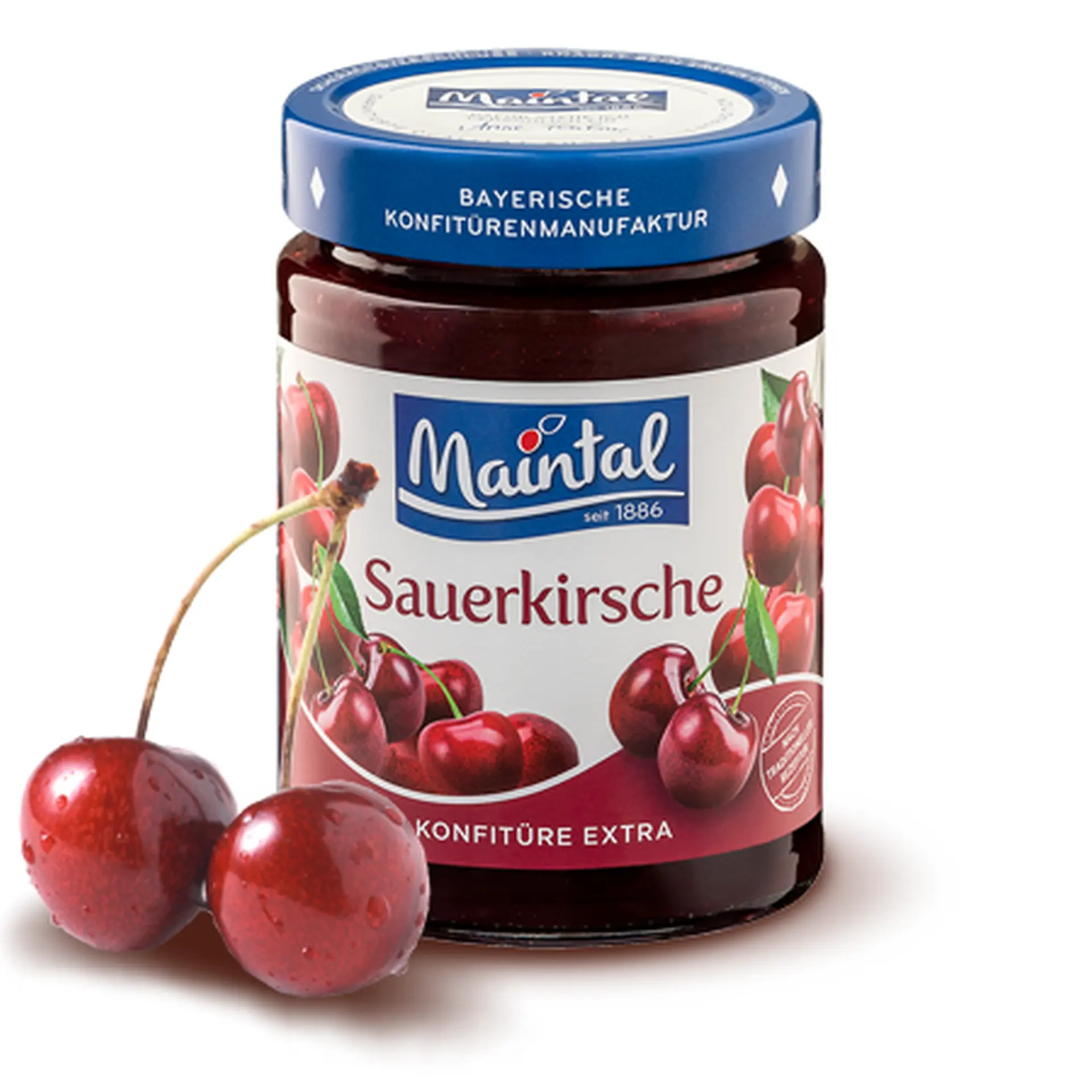 Sauerkirsch-Konfitüre extra Freigestelltes Packshot-Bild auf weißem oder hellem Hintergrund: