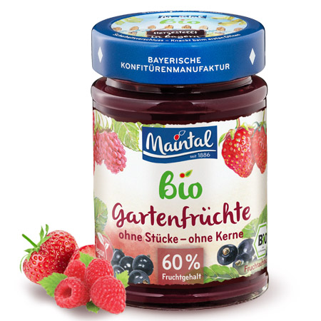 Bio + vegan Gartenfrüchte, BIO Mehrfrucht Fruchtaufstrich, fein passiert Glas Maintal Bio Gartenfrüchte Fruchtaufstrich, fein passiert, daneben Erd- und Himbeeren.