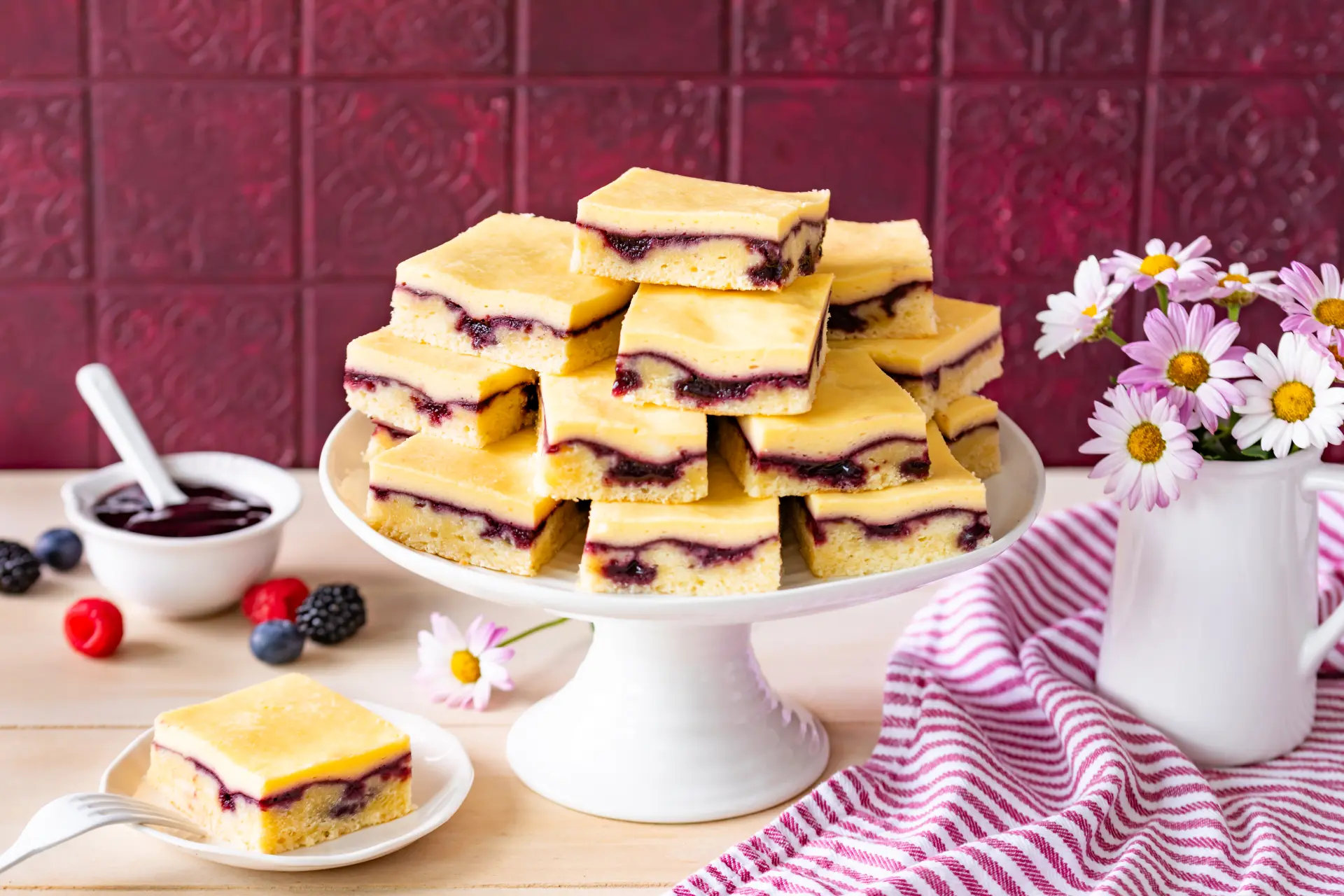 Buttermilch-Schnitten mit Waldfruchtaufstrich und cremiger Frischkäse-Schicht, auf einer Tortenplatte mit Beeren dekoriert.