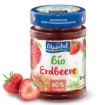 Bio + vegan Erdbeere Fruchtaufstrich 210 g Glas Maintal Bio Erdbeere Fruchtaufstrich, daneben Erdbeeren