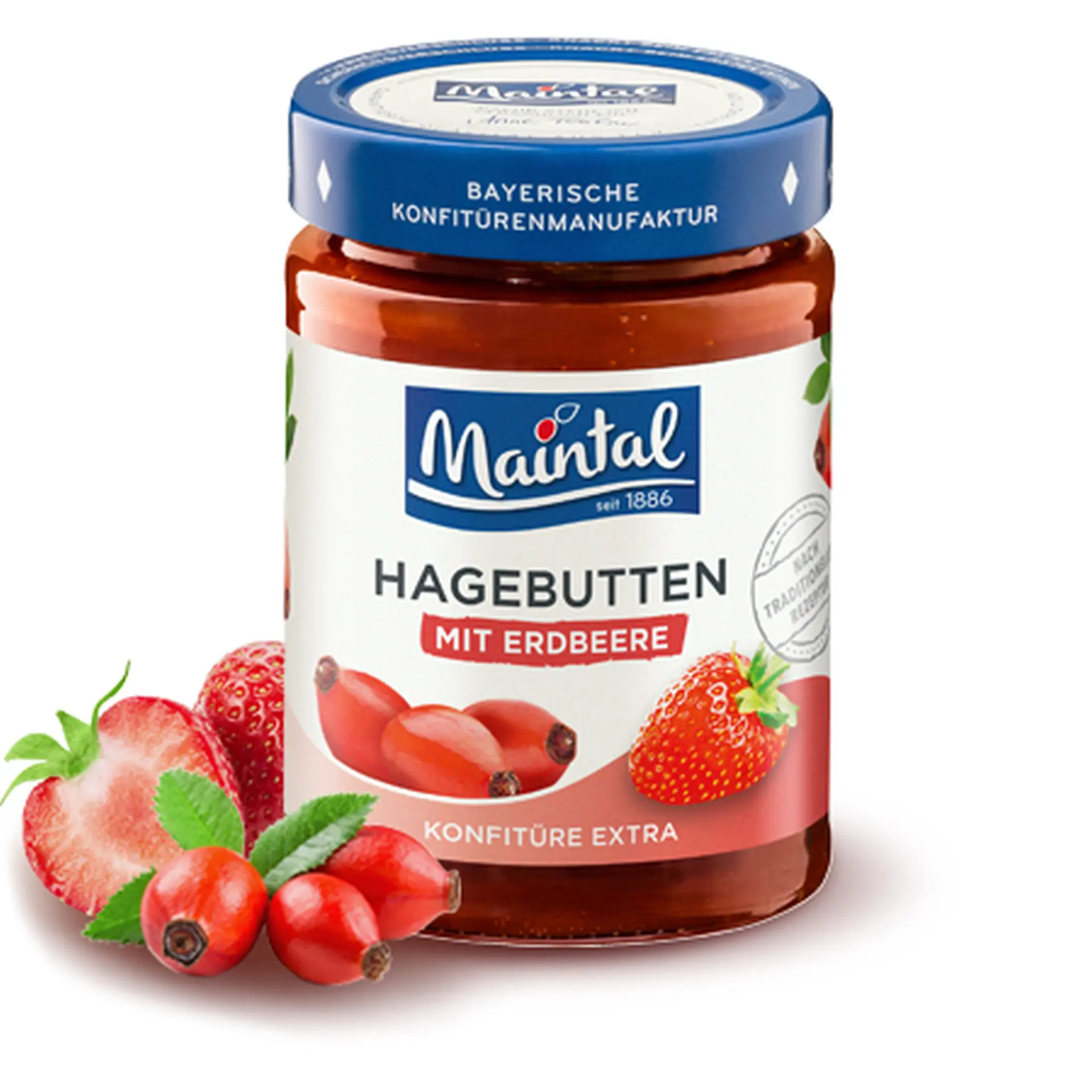 Hagebutten-Erdbeer-Konfitüre extra Glas Hagebutten-Erdbeer-Konfitüre extra, daneben Hagebutten und Erdbeeren.