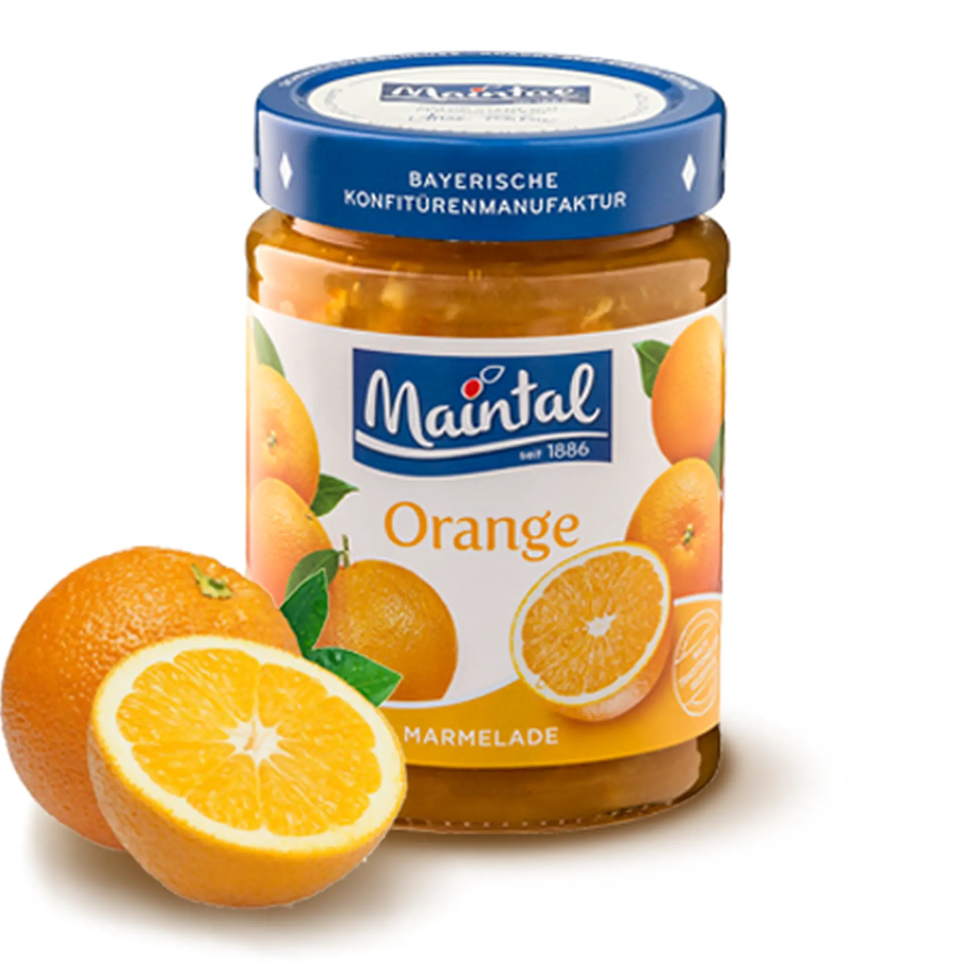 Glas Maintal Orangen-Marmelade, daneben Orangen.