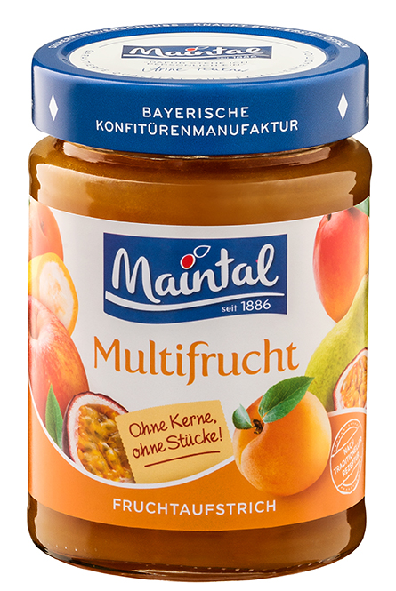 Mehrfrucht Fruchtaufstrich Multifrucht, fein passiert Glas Maintal Multifrucht-Fruchtaufstrich, 330 g, Produktabbildung.