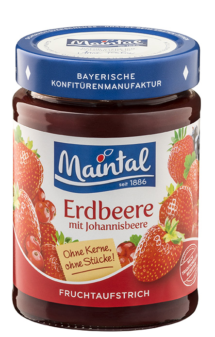 Fruchtaufstrich Erdbeer-Johannisbeere, fein passiert Glas Maintal Erdbeer-Johannisbeer-Fruchtaufstrich 330 g, Produktabbildung.