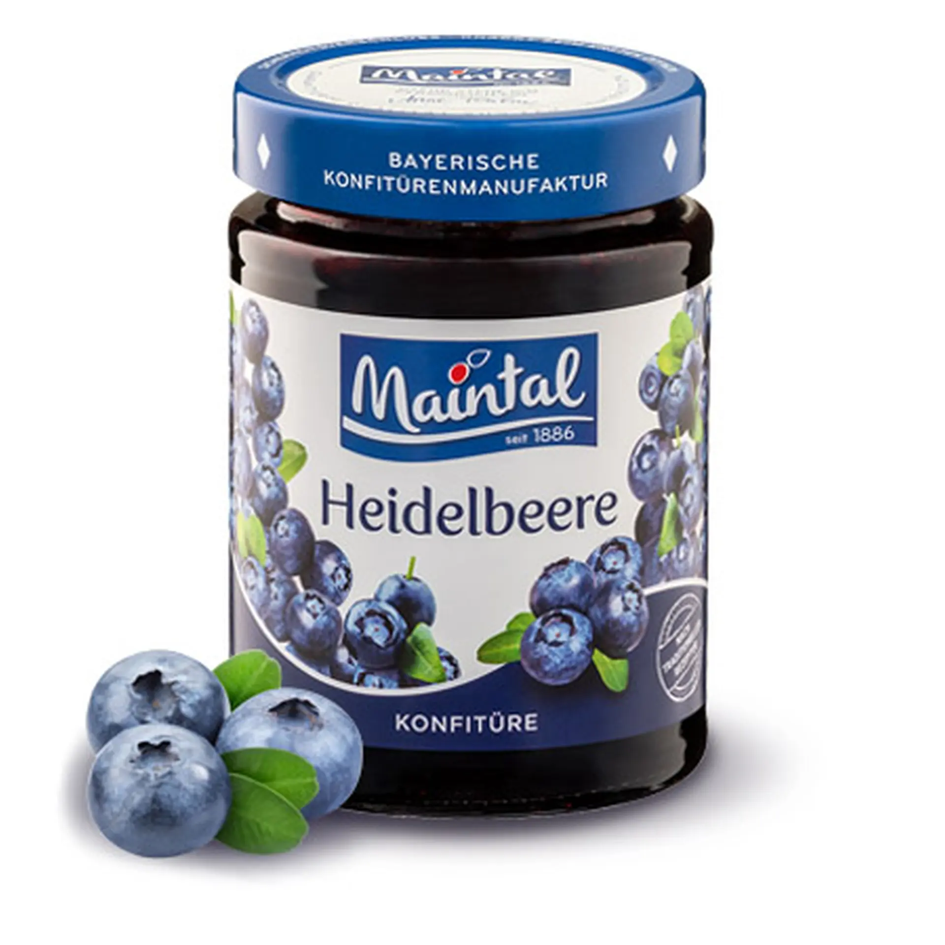 Heidelbeer-Konfitüre Glas Heidelbeer-Konfitüre extra, daneben Heidelbeeren.