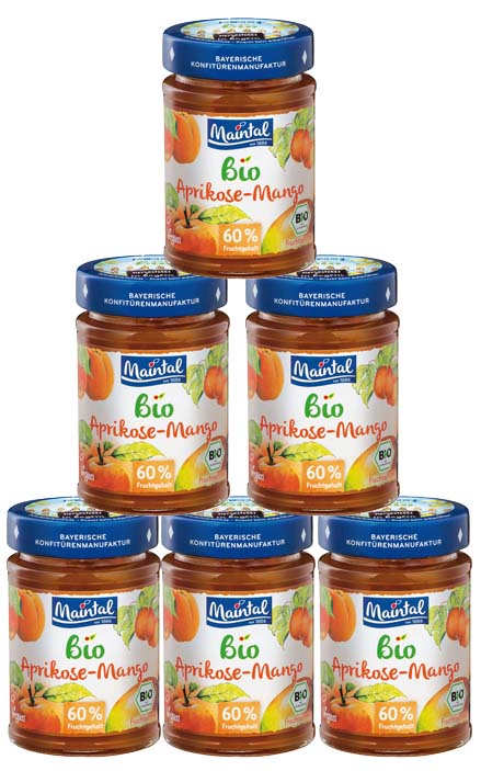 Set Bio + vegan Aprikosen-Mango Fruchtaufstrich, 6 x 210 g 6 Gläser Bio Aprikosen-Mango Fruchtaufstrich als Pyramide.