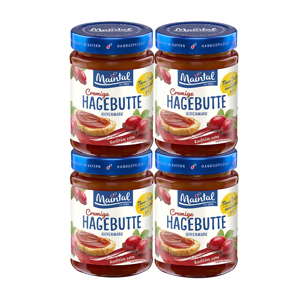 Set Hagebutten Konfitüre extra, 4 x 340 g Vier Gläser Maintal Cremige Hagebutten-Konfitüre.