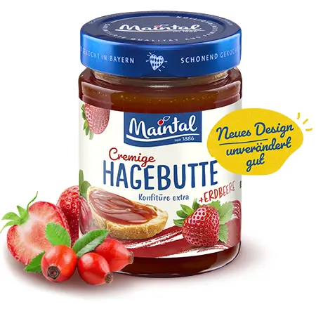 Glas Maintal Cremige Hagebutte mit Erdbeere, umgeben von Früchten, mit Hinweis „Neues Design – unverändert gut“.