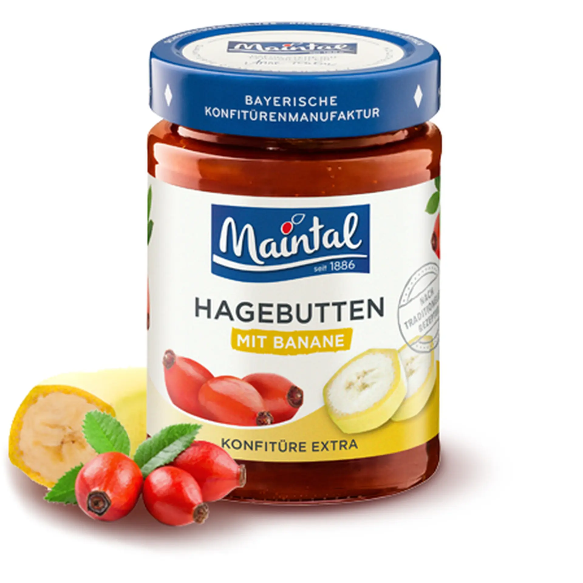 Hagebutten-Bananen-Konfitüre extra Glas Hagebutten-Bananen-Konfitüre extra, dabeben Hagebutten und Bananenstück.