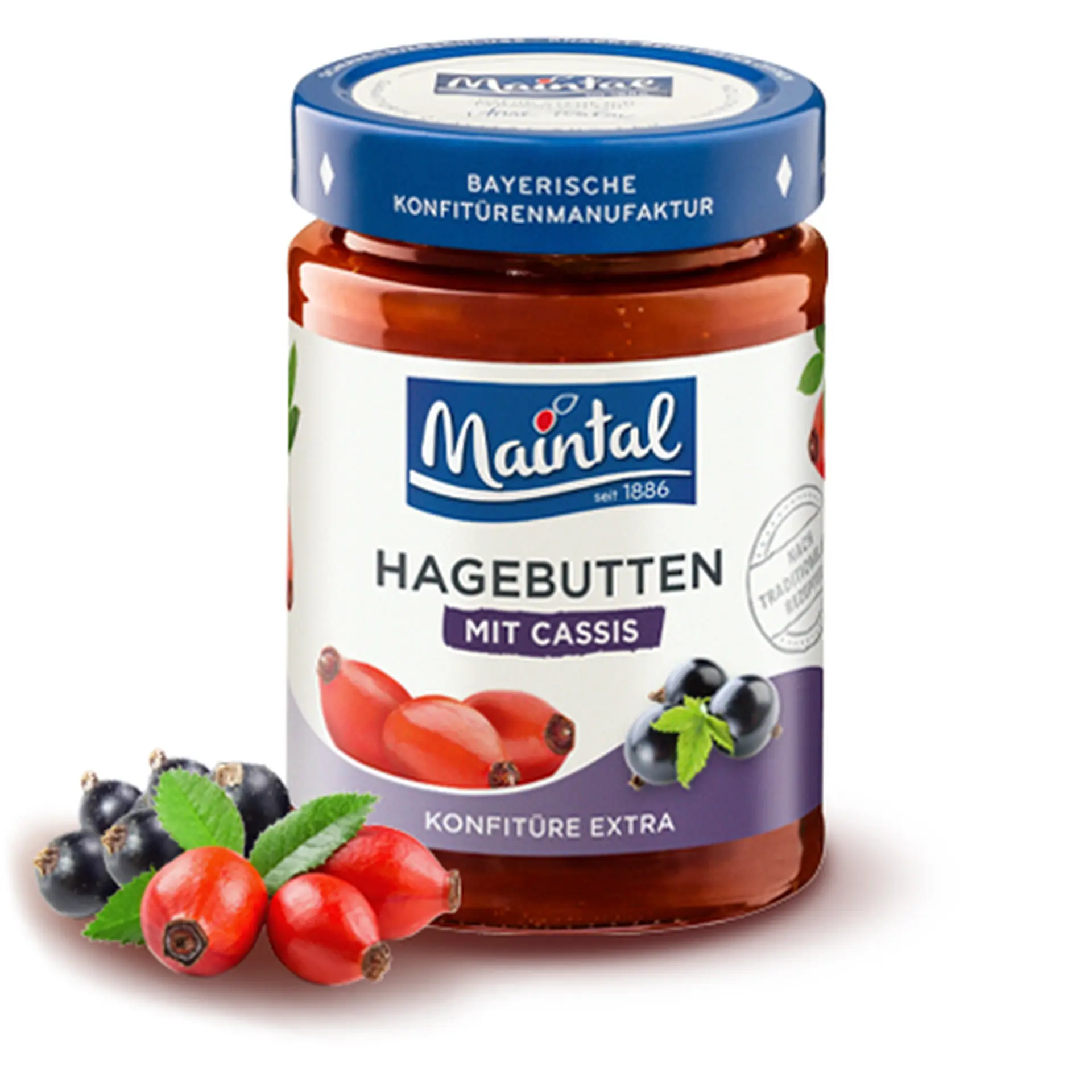 Hagebutten-Johannisbeer-Konfitüre extra Glas Hagebutten-Johannisbeer-Konfitüre extra, daneben Hagebutten und schwarze Johannisbeeren.