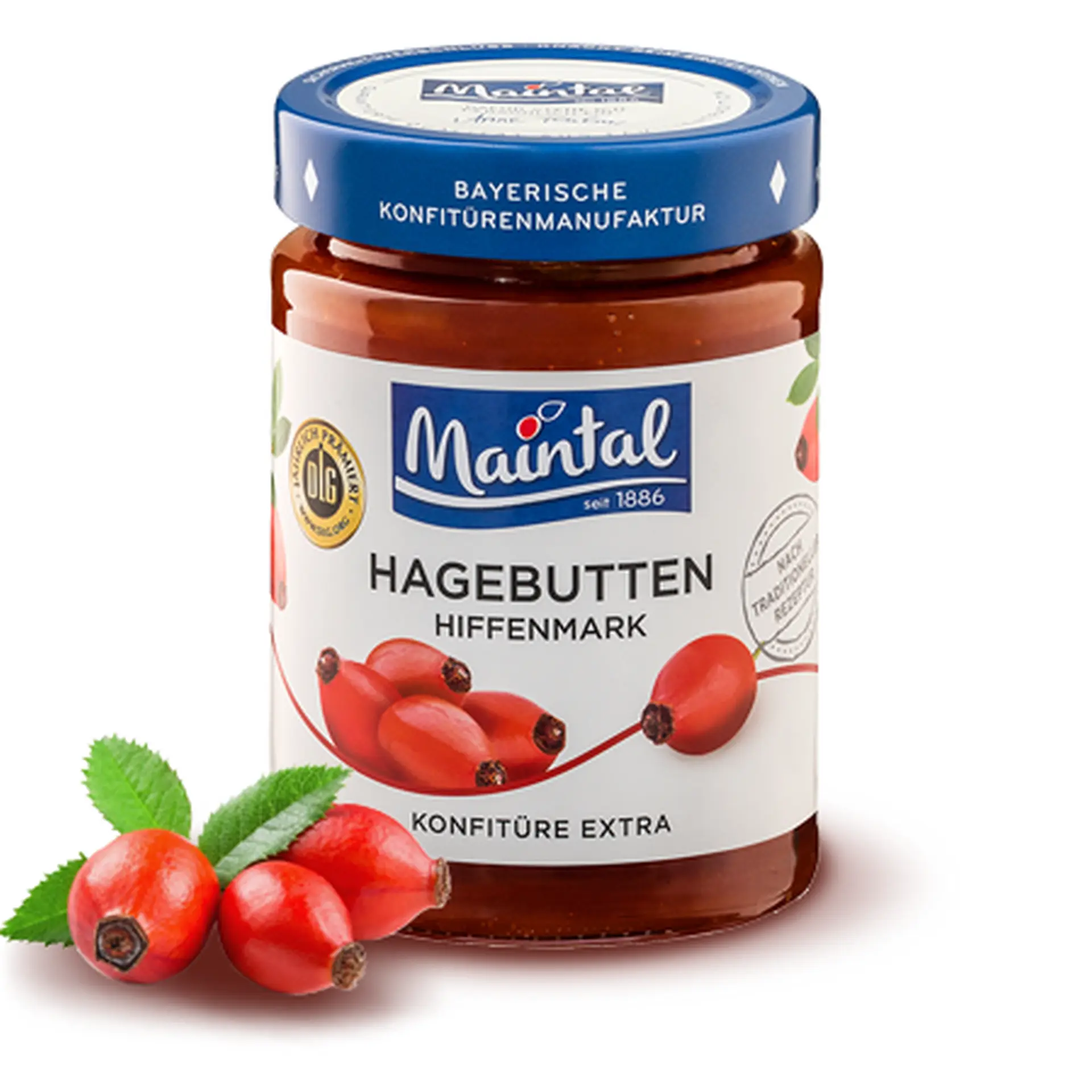 Hagebutten-Konfitüre extra Glas Hagebutten-Konfitüre extra, daneben Hagebutten.