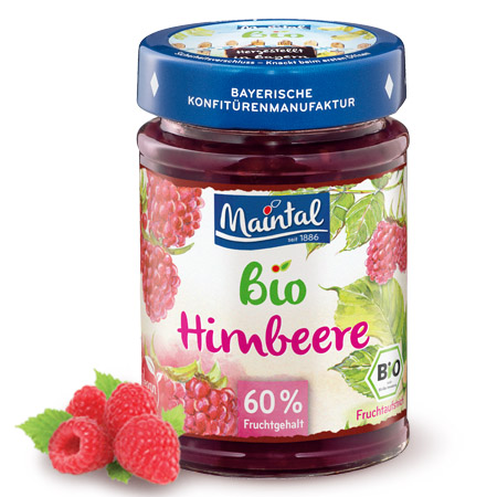 Bio + vegan Himbeer-Fruchtaufstrich Glas Maintal Bio Himbeer-Fruchtaufstrich, daneben Himbeeren