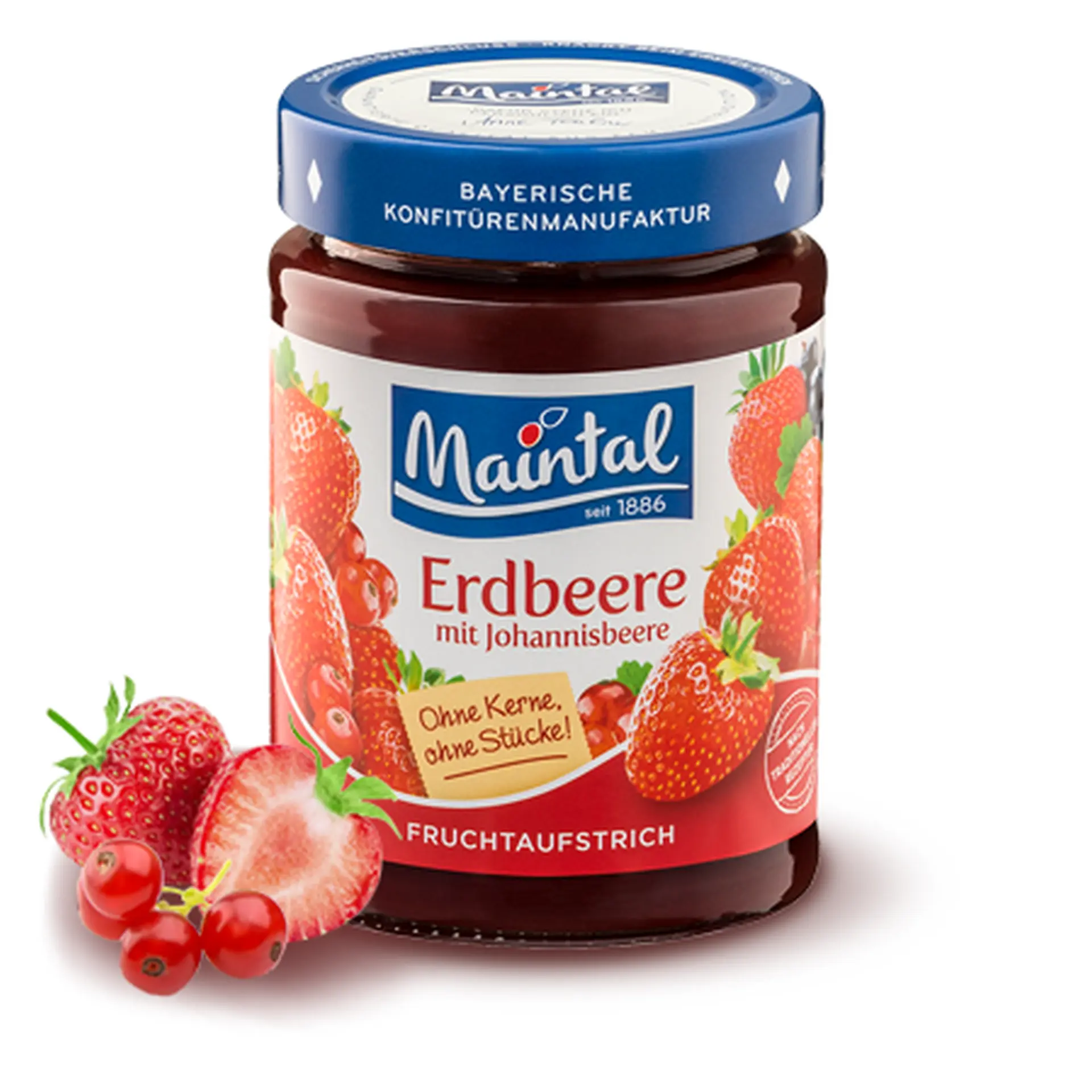 Fruchtaufstrich Erdbeer-Johannisbeere, fein passiert Glas Erdbeer-Johannisbeer-Fruchtaufstrich, fein-passiert, daneben Erdbeeren und Johannisbeeren.
