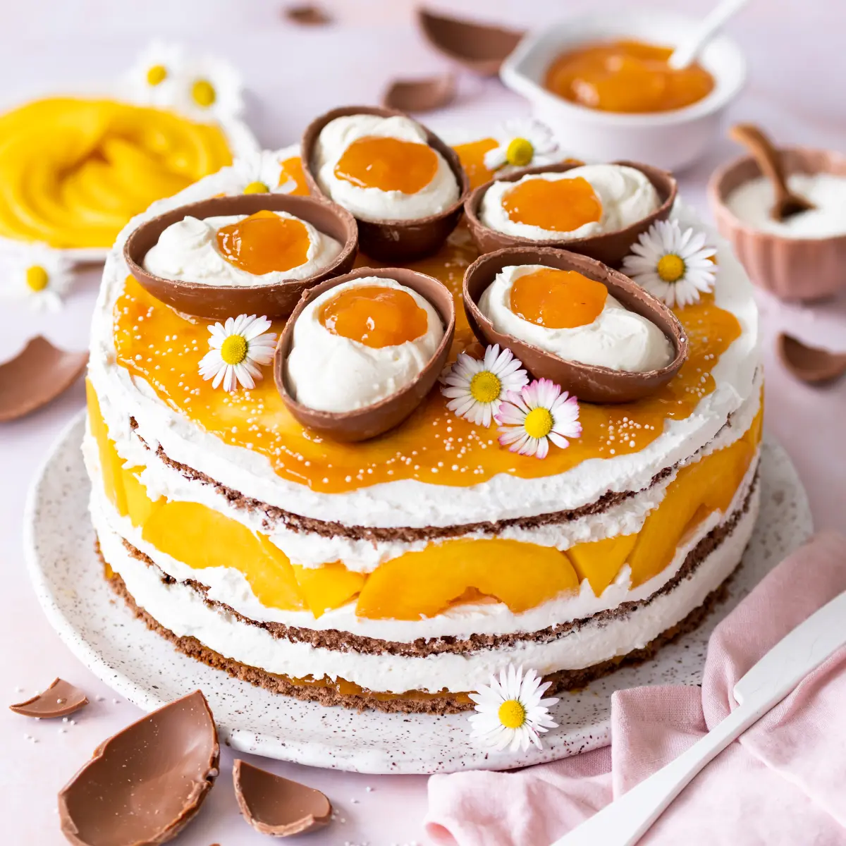 Ostertorte Schoko-Aprikose-Mango mit Löffeleiern Ostertorte Schoko-Aprikose-Mango mit Löffeleiern auf Tortenplatte.