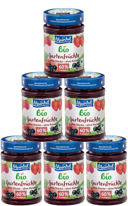 Set Bio + vegan Gartenfrüchte Fruchtaufstrich, fein passiert, 6 x 210 g Sechs Gläser Maintal Bio Gartenfrüchte-Fruchtaufstrich, fein passiert.
