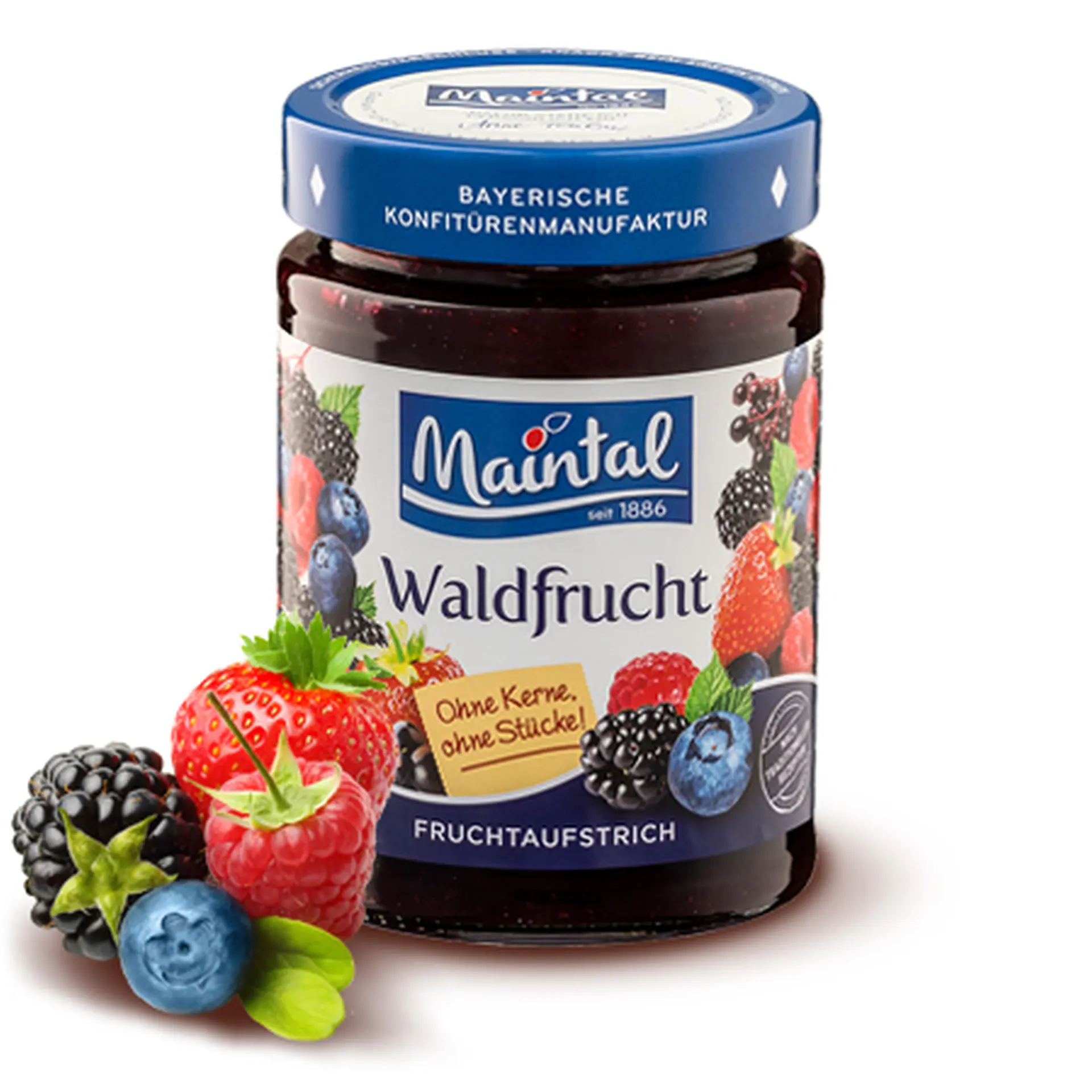 Mehrfrucht Fruchtaufstrich Waldfrucht, fein passiert Mehrfrucht FruchtaufstrichGlas Waldfrucht-Fruchtaufstrich, fein passiert, daneben Erdbeeren, Brombeere und Heidelbeere.