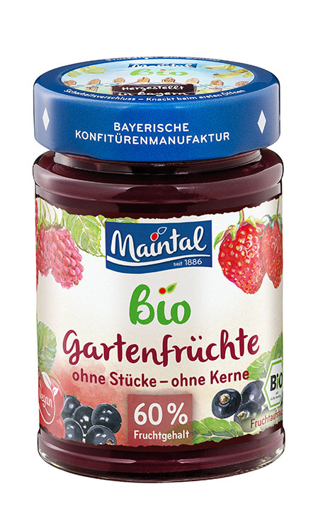 Set Bio + vegan Gartenfrüchte Fruchtaufstrich, fein passiert, 6 x 210 g Produktabbildung Maintal Bio Gartenfrüchte, fein passiert