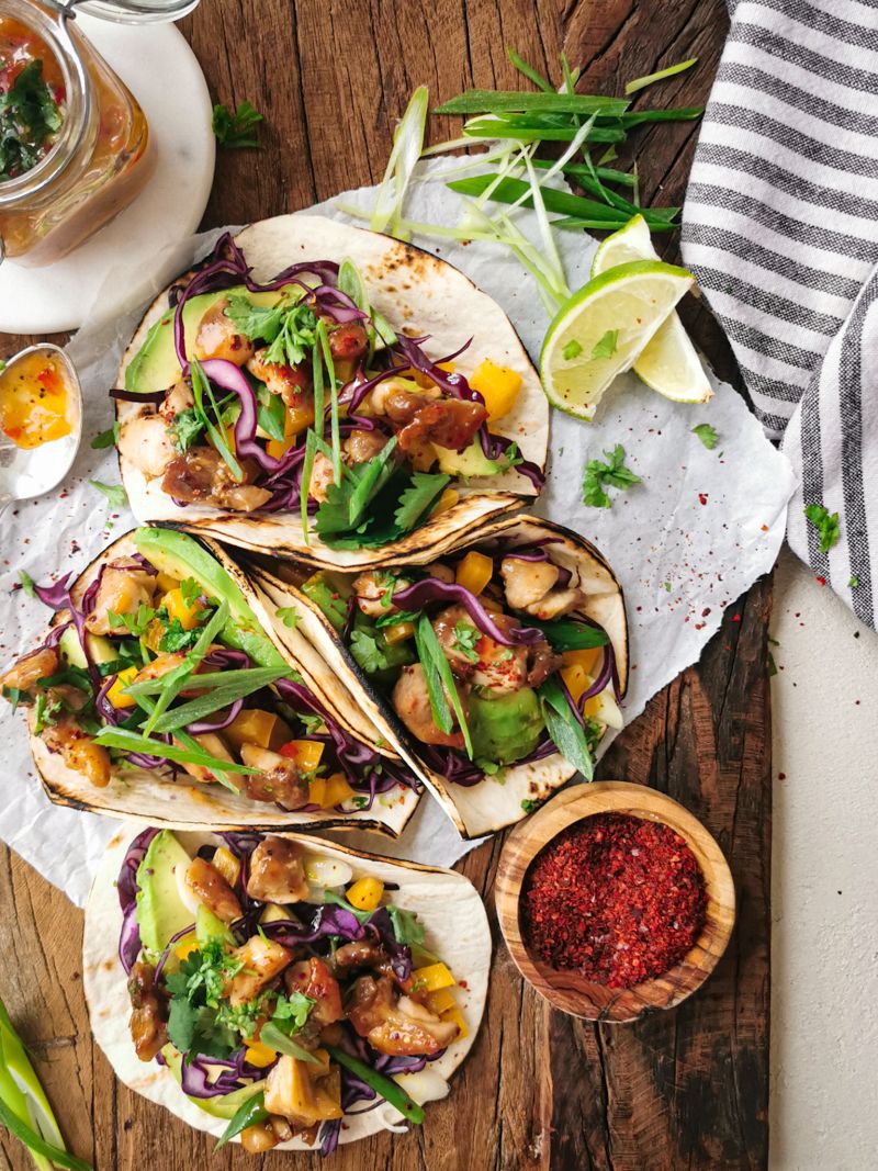 Rezeptbild Taccos, fuchtig scharf mit Aprikosenhaehnchen.