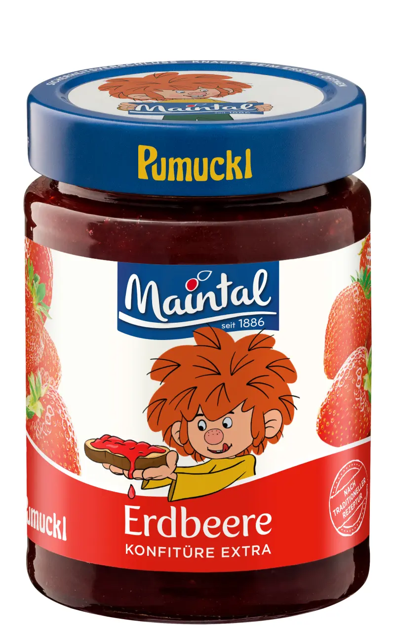 Erdbeer-Konfitüre extra Glas Erdbeer-Konfitüre Extra von Maintal mit blauem Deckel und Pumuckl-Illustration auf dem Etikett.