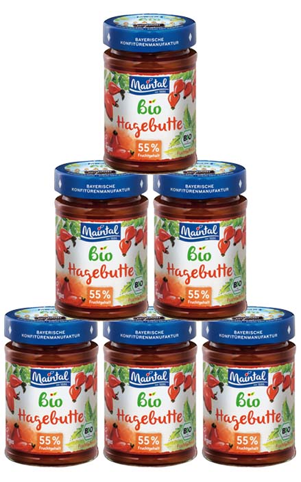 Set Bio + vegan Hagebutten Fruchtaufstrich, 6 x 225 g Sechs Gläser Maintal Bio Hagebutten Fruchtaufstrich.