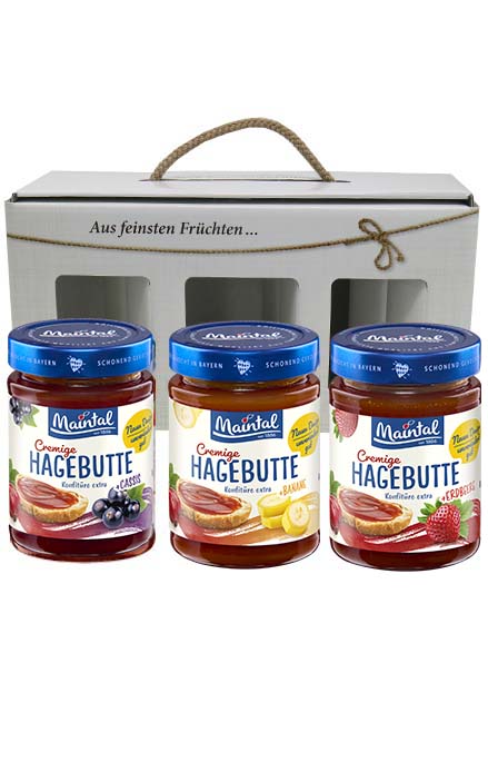 Geschenkbox Hagebutten-Variationen, 3 x 340 g, Konfitüren extra Geschenkbox Hagebutten-Varianten.