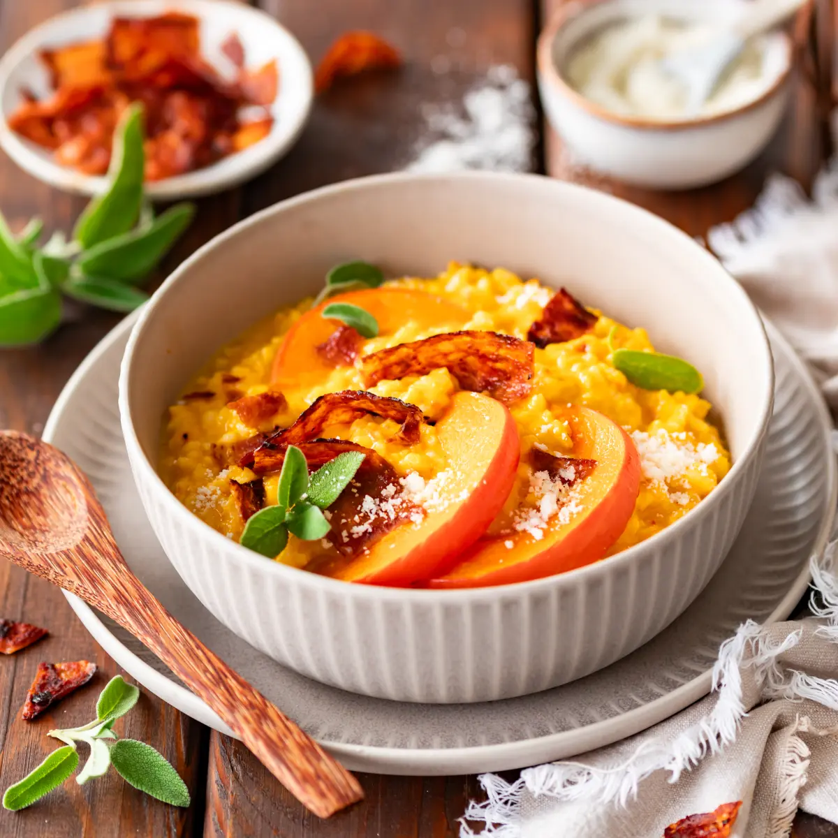 Serviervorschlag Veganes Kürbisrisotto mit veganem Bacon in Bowlschüssel auf Teller und Holzlöffel.
