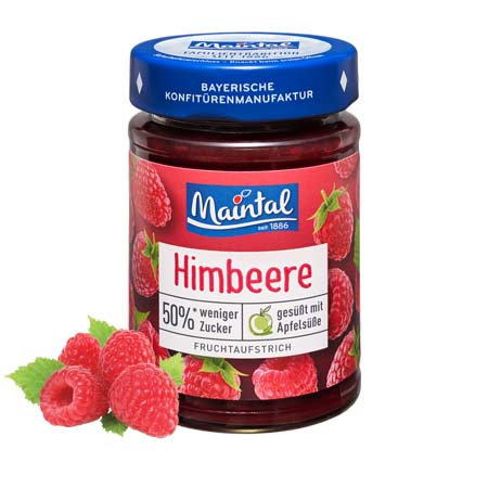 Himbeer-Fruchtaufstrich, 50 % weniger Zucker Glas Himbeer-Fruchtaufstrich, 50 % weniger Zucker, daneben Himbeeren