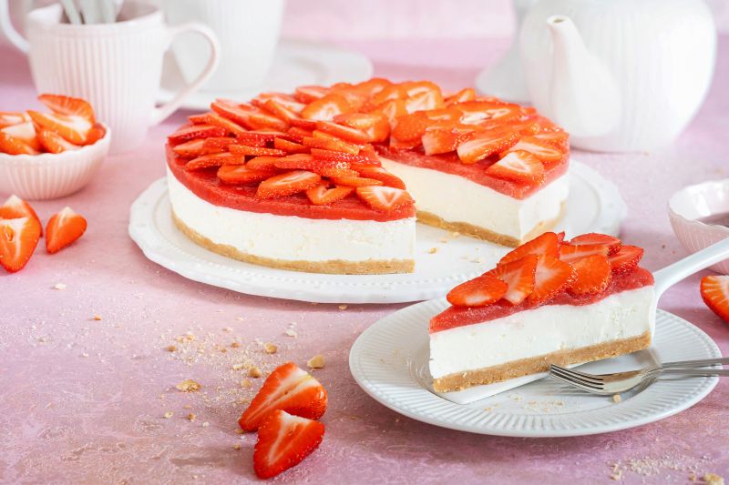 Kaffeetafel mit No Bake - Erdbeer-Mascarpone-Torte auf Tortenplatte, ein Stück davon auf Teller.