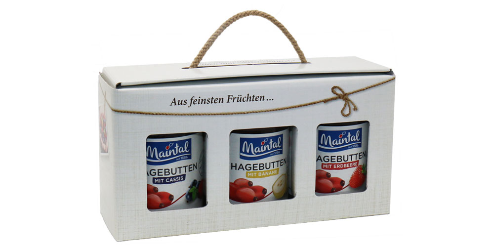 Geschenkbox Hagebutten-Variationen, 3 x 340 g, Konfitüren extra Geschenkkarton, gefuellt mit je einem Konfitürenglas Hagebutte-Banane, Hagebutte-Erdbeere und Hagebutte-Johannisbeere.