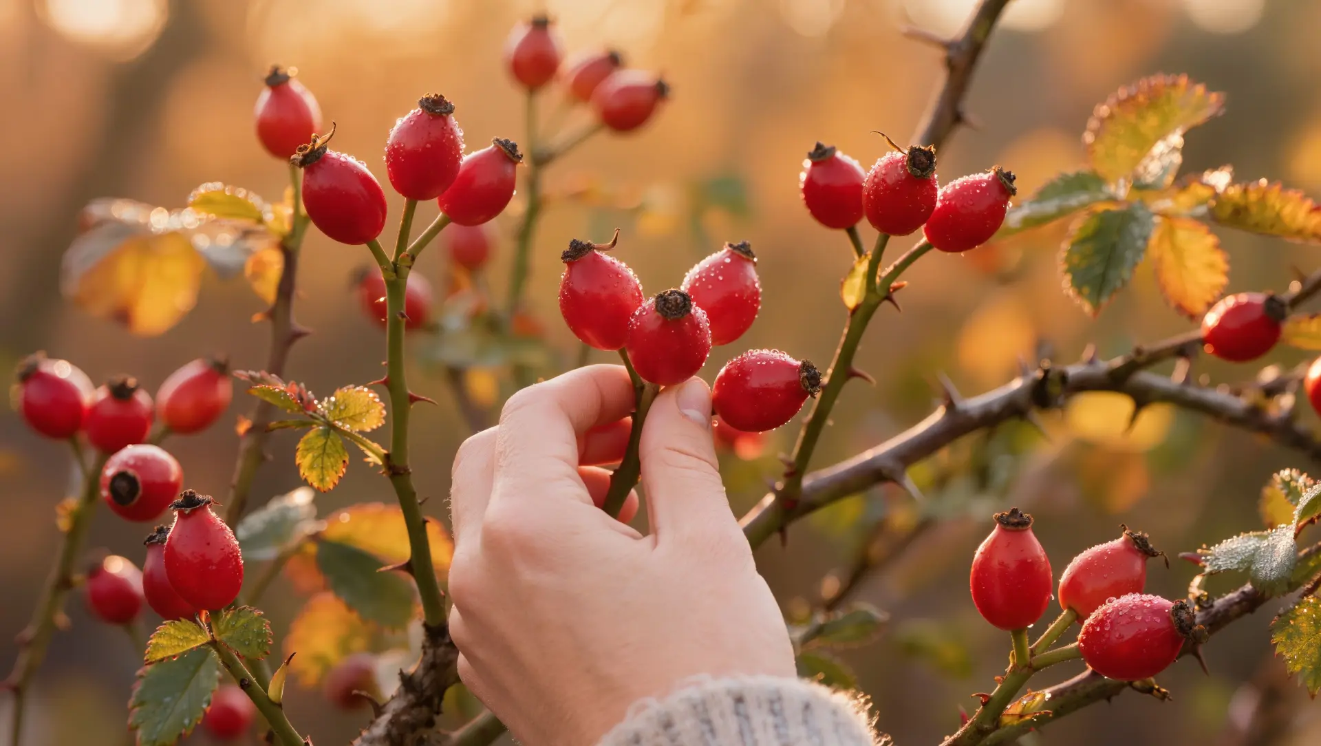 Hand pflückt reife rote Hagebutten von einem dornigen Strauch im warmen Herbstlicht.