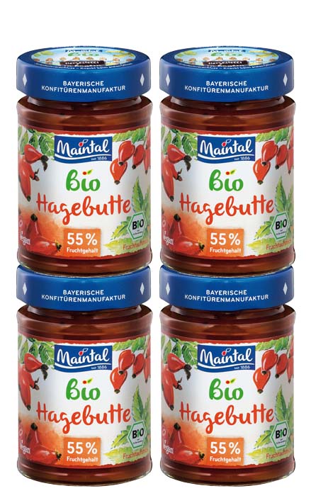 Set Bio + vegan Hagebutten Fruchtaufstrich, 4 x 225 g Vier Gläser Maintal Bio Hagebutten-Fruchtaufstrich.
