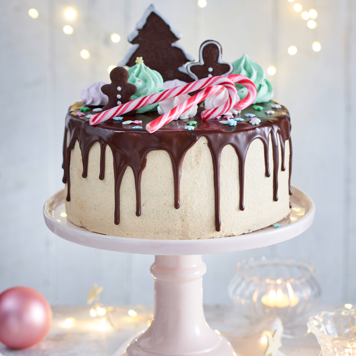 Rezeptbild Hagebutten-Schoko-Dripcake auf hoher Tortenplatte und weihnachtlicher Stimmung.