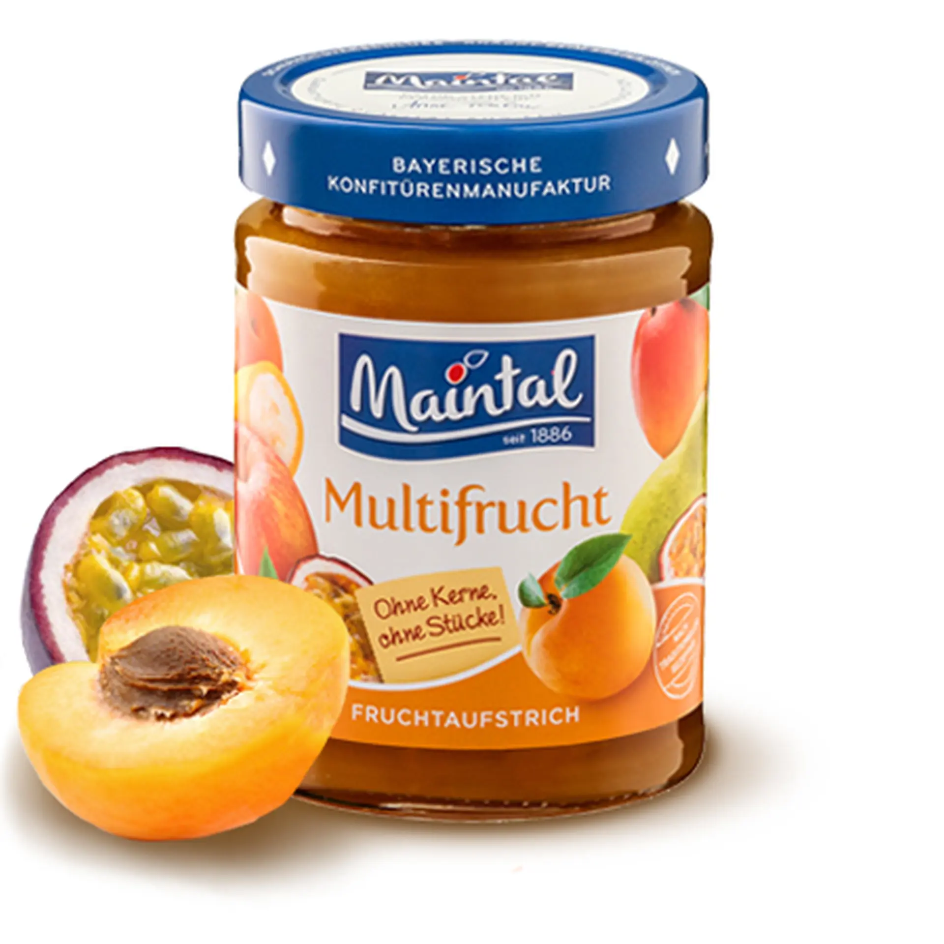 Mehrfrucht Fruchtaufstrich Multifrucht, fein passiert Mehrfrucht FruchtaufstrichGlas Multifrucht, fein passiert, daneben je eine halbe Maracuja und Aprikose.