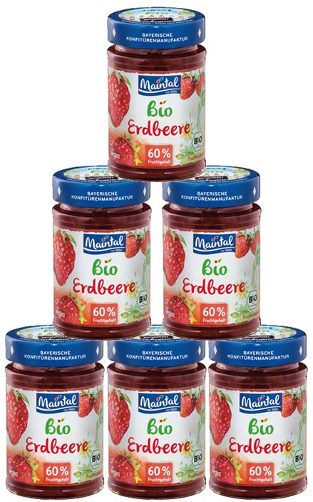 Set Bio + vegan Erdbeer Fruchtaufstrich, 6 x 210 g Sechs Gläser Maintal Bio Erdbeer Fruchtaufstrich als Pyramide