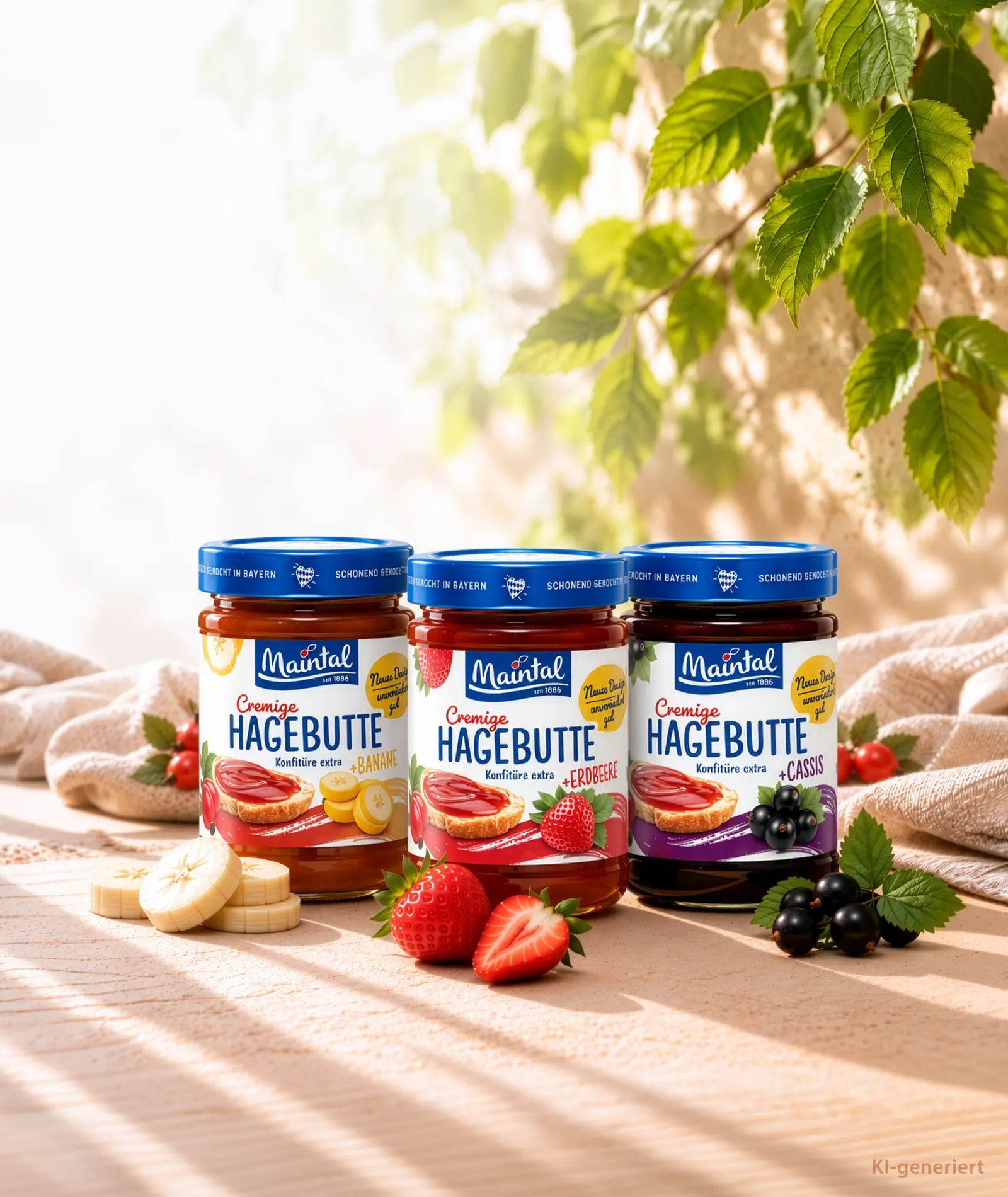 Drei Maintal Hagebutten-Konfitüren mit Banane, Erdbeere und Cassis, umgeben von den jeweiligen Früchten.